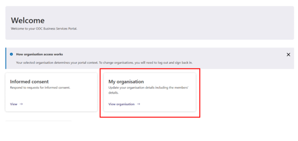Figure 1 – Screenshot of the ODC Home page, showing the My organisation card.