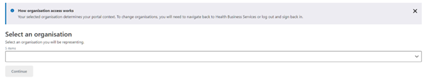 Figure 2 – Screenshot of the ‘Select an organisation’ dropdown menu