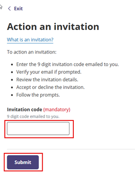 Figure 3 - Action an invitation and enter your 9-digit code screenshot