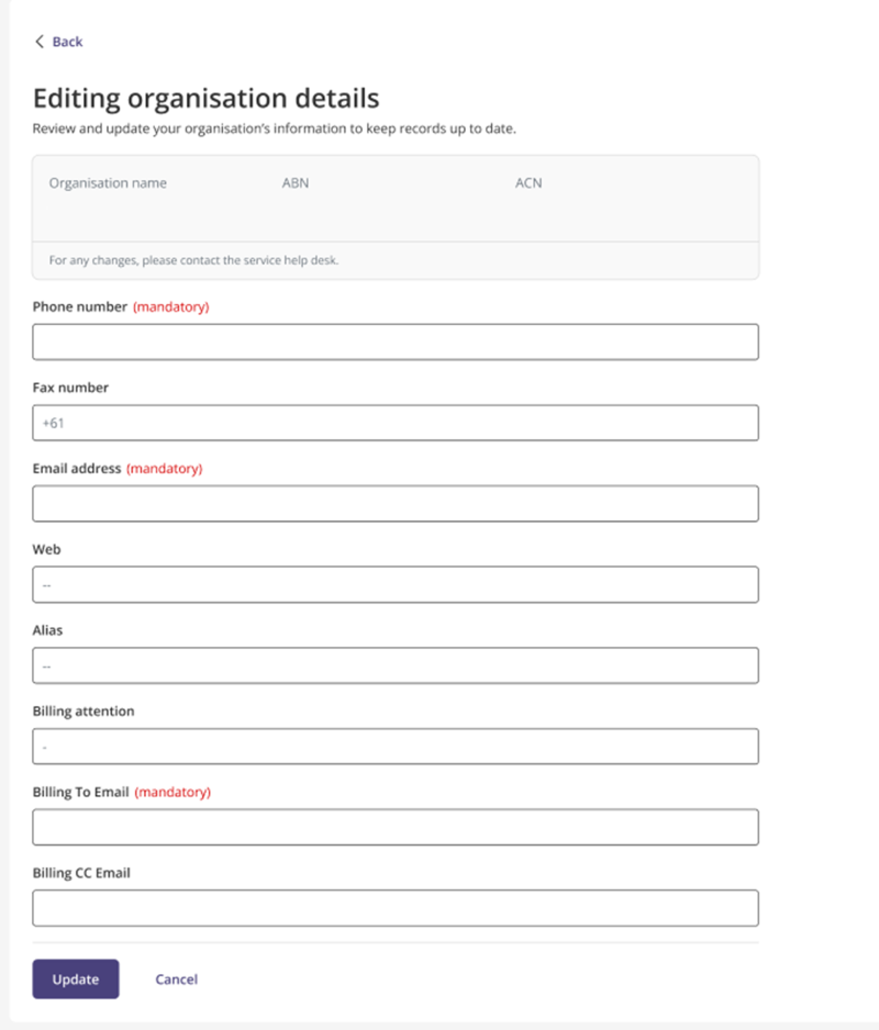 Screenshot of page where org details can be edited. 