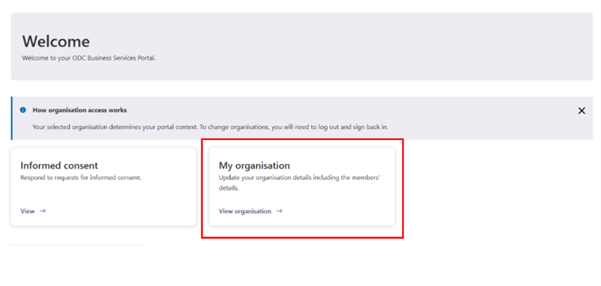 Figure 1: Screenshot of the ODC Business Service homepage, showing the My organisation card. 