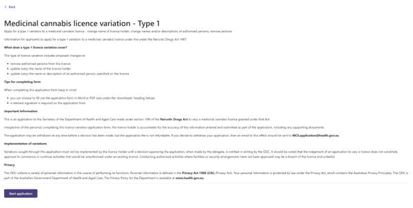 Figure 5 – Screenshot of Medicinal cannabis licence variation type 1 summary page.