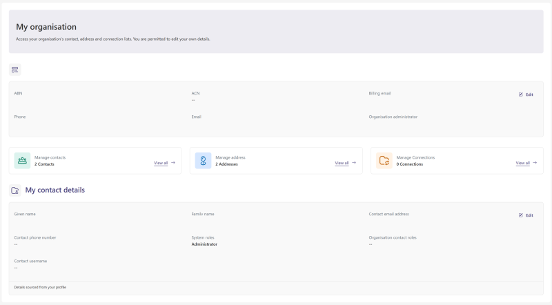 Screenshot of 'my organisation' page.