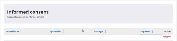 Screenshot of informed consent screen with 'start' button highlighted. 
