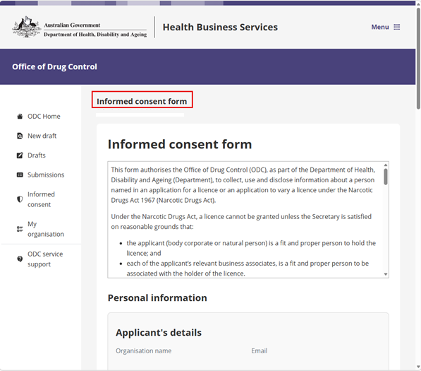 Screenshot of informed consent form.