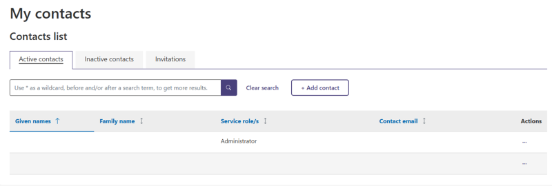 Screenshot of ‘My contacts’ page showing the contacts list and three tabs.