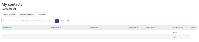 Screenshot of 'My Contacts' with invitations tab selected.
