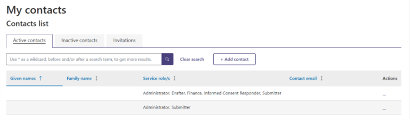 Screenshot of ‘My contacts’ page showing the 'Active contacts’ tab.