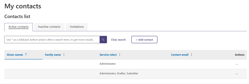 Screenshot of 'My contacts'. 
