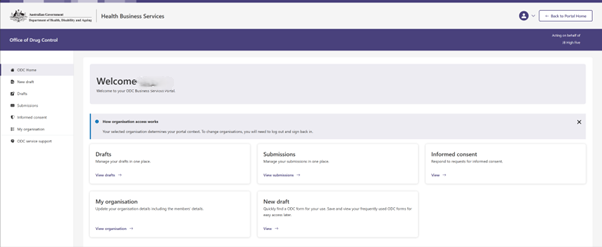 Screenshot of ODC Business Service homepage. 