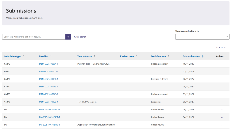 Screenshot of the ‘Submissions’ page with successful submissions. 