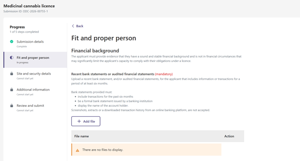 Screenshot of the Medicinal cannabis licence application, opening at the Fit and proper person ‘Progress’ section. 