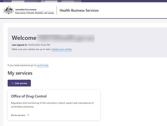 Screenshot of the Health Business Services (HBS) portal homepage, showing the ODC Business Service tile