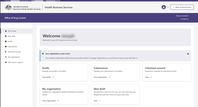Screenshot of ODC Business Service homepage