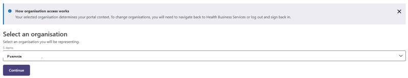Screenshot of the ‘Select an organisation’ menu, with an organisation selected and the ‘Continue’ button now accessible.