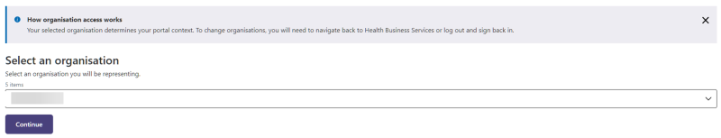 Screenshot of the ‘Select an organisation’ menu, with an organisation selected and the ‘Continue’ button now accessible. 